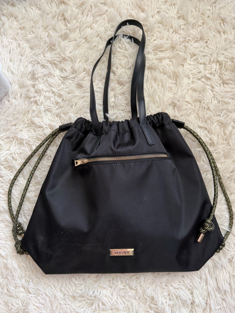 ***Versace Black Drawstring Tote Bag with Gold Zipper